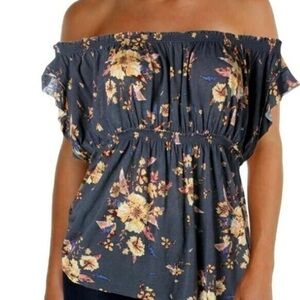 Free People Sam On or Off The Shoulder Top, size S Navy Blue Floral Elastic